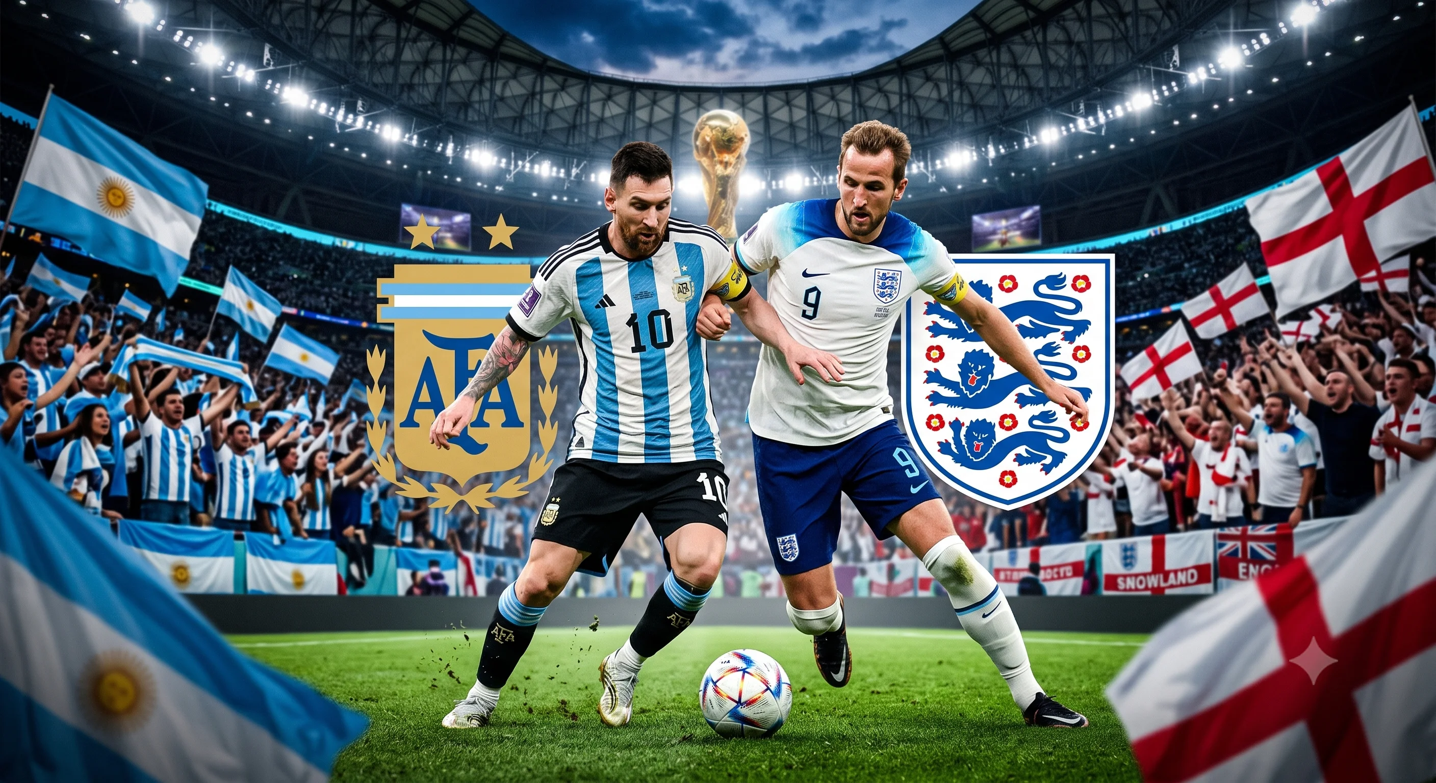 Selecciones de Argentina e Inglaterra disputando una semifinal del Mundial 2026 en el Estadio Atlanta